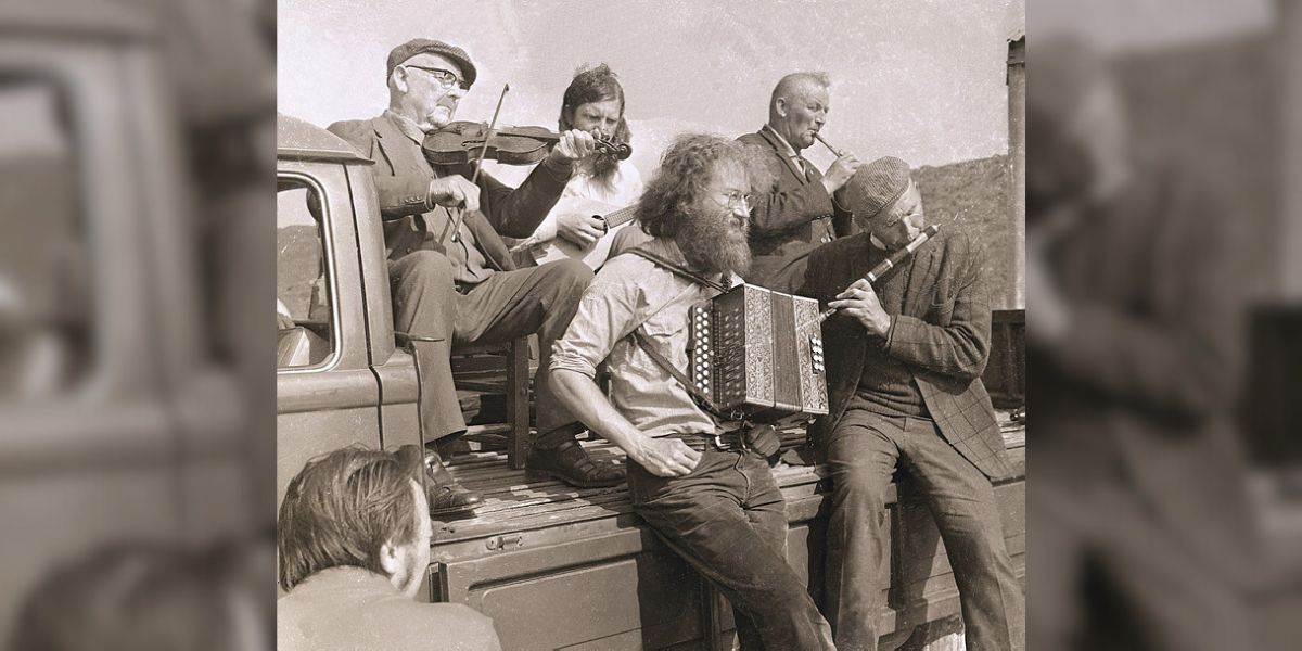 Group of musicians including Gussie Russell and Micho Russell - Photo by Michael John Glynne from the Clare County Library Archives